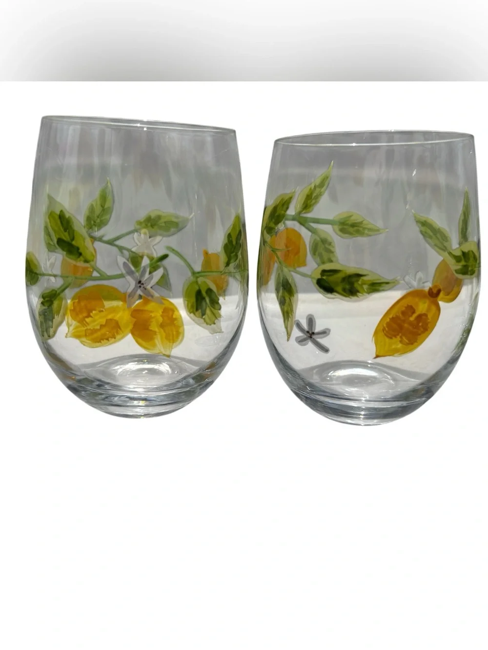 Pier 1 Hand Painted Lemon Stemless Wine Glasses Set 4 Citrus Floral Cottagecore